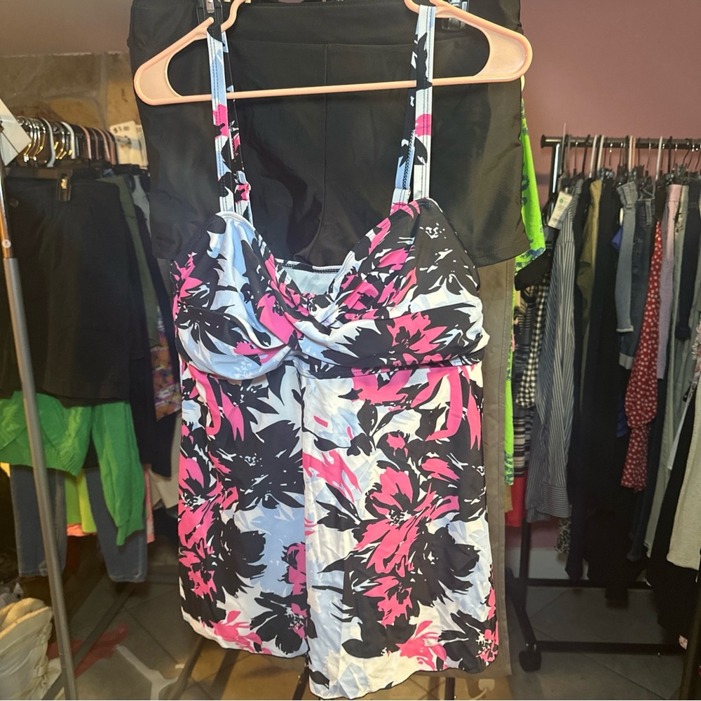 Floral Print Swim Cami in Pink, Black & White